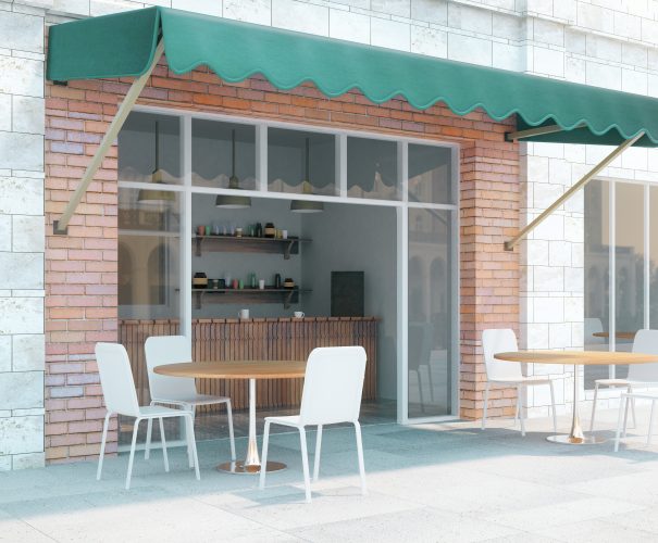 Small cafe with brick walls and green canopy exterior design. 3D Render