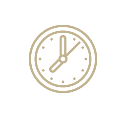 Gold outline icon of a clock indicating service hours.