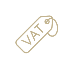 Gold outline icon of a price tag labeled “VAT.”