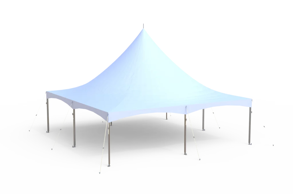 High-peak white tension tent rendering for outdoor weddings and parties