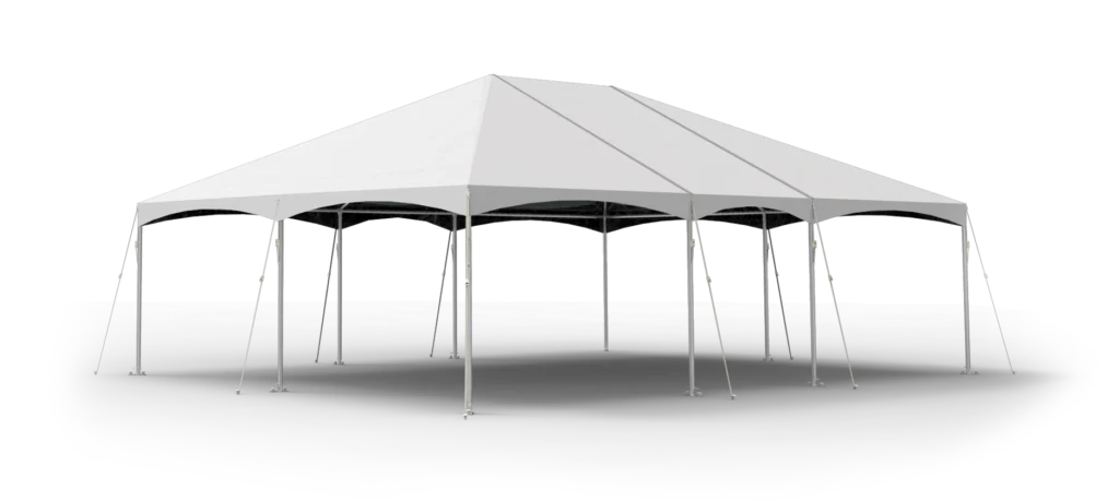 Digital rendering of a rectangular white canopy tent on open posts.