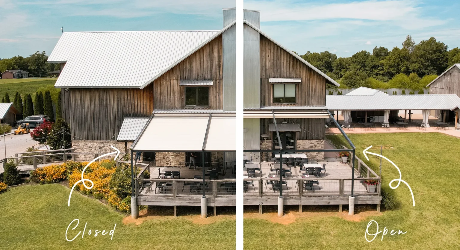 Commercial retractable pergola shown open and closed over a restaurant deck patio seating area