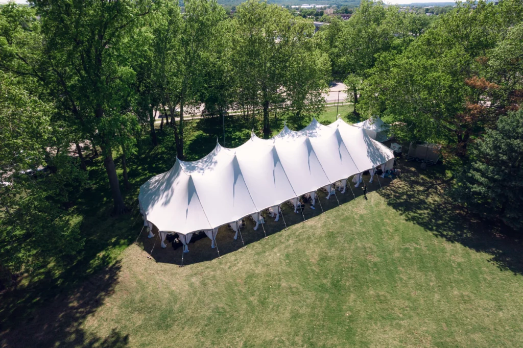 White high peak Anchor Industries event tent aerial view