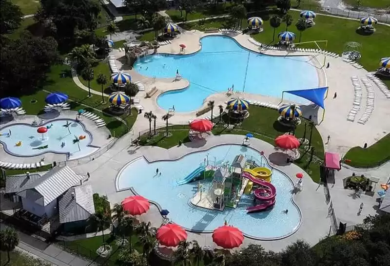 Anchor Industries aerial view of pool shade umbrellas at waterpark