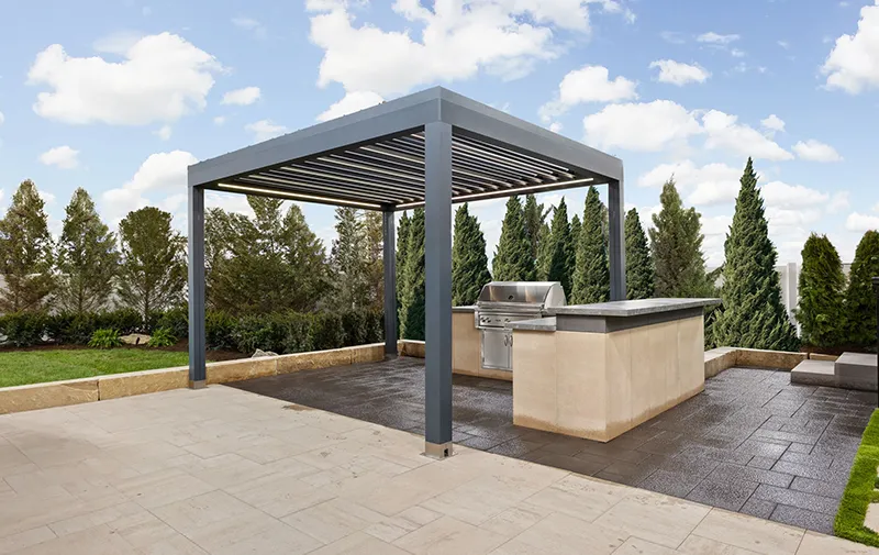 Modern aluminum pergola installed on a rooftop patio.