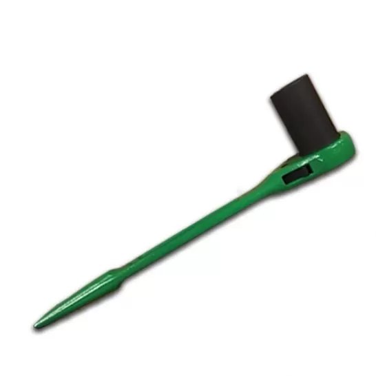 Green tent stake puller – metal tool with green handle for removing stakes.