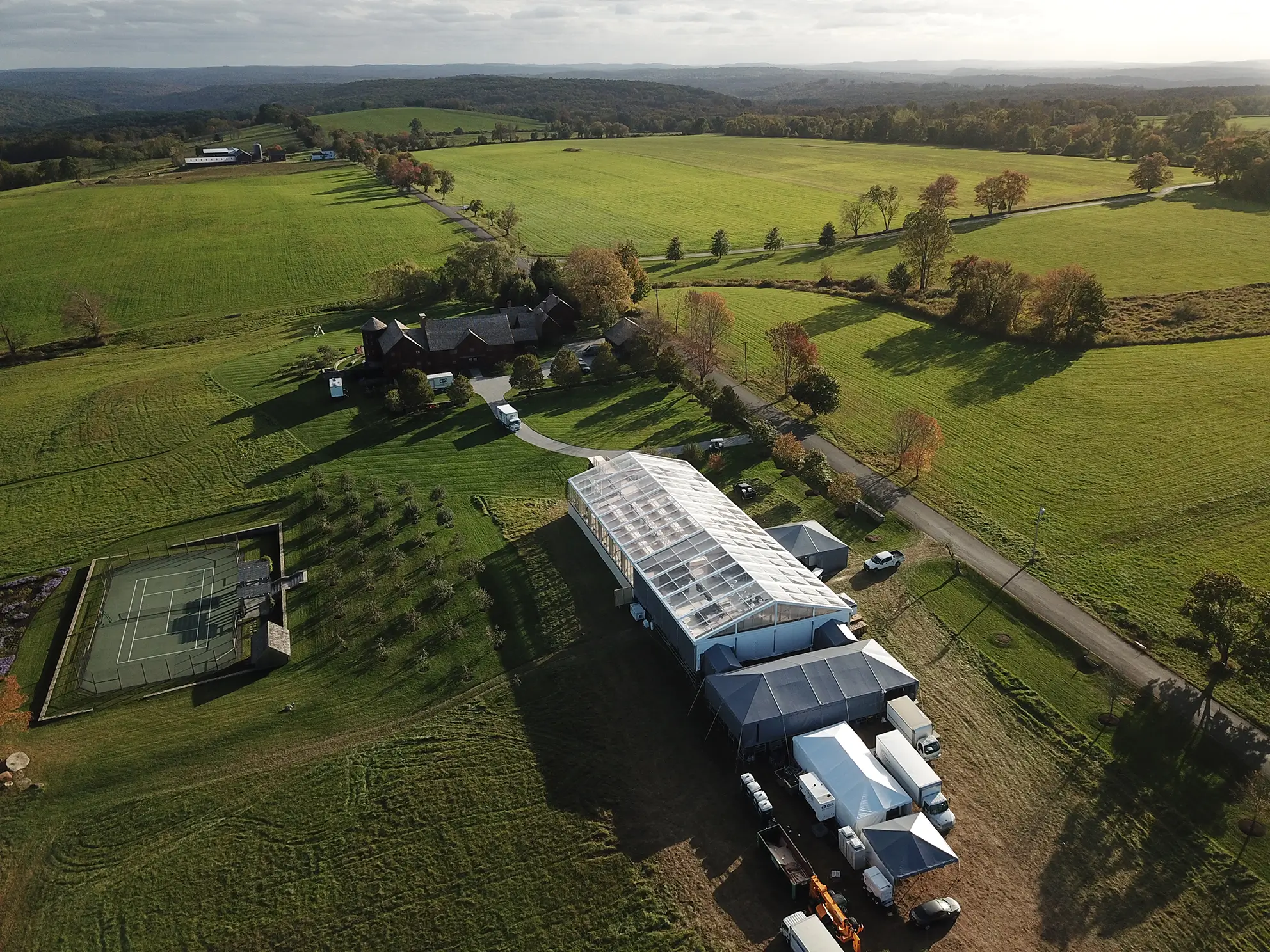 Aerial view of Anchor Industries large clear span tent on countryside estate