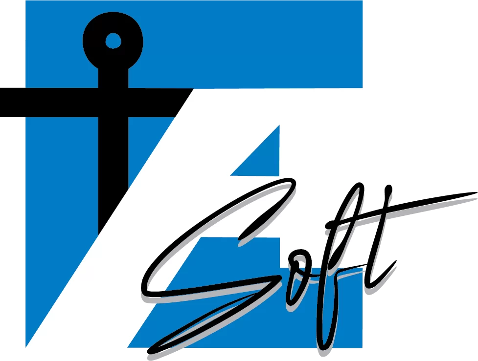 Anchor logo with text “Soft” – stylized brand graphic in blue, black, and white.
