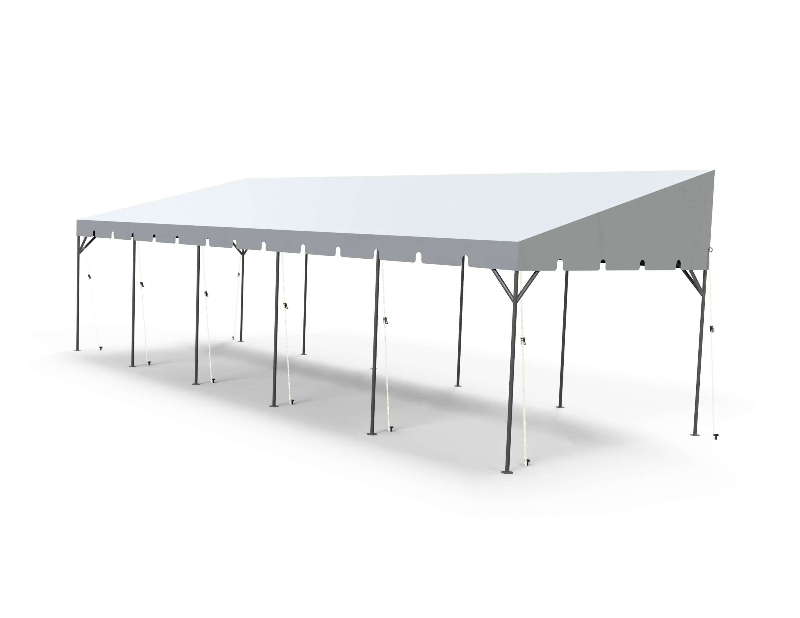 White frame tent canopy with multiple support legs on open ground.
