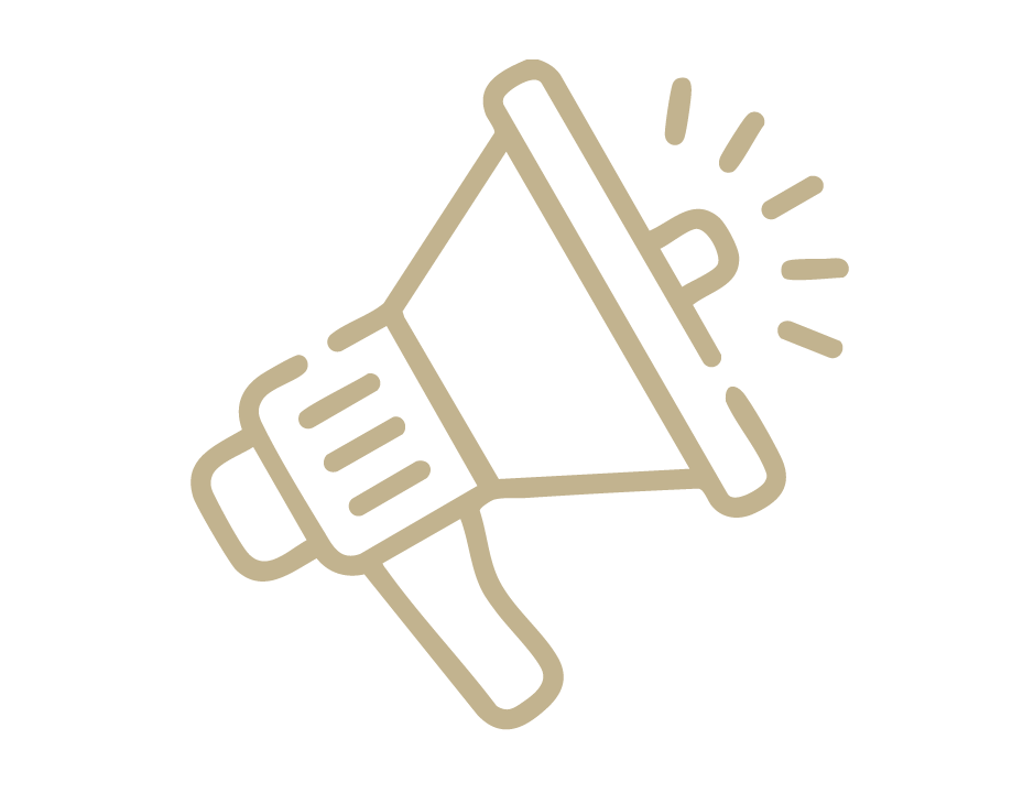Gold icon of a megaphone representing marketing or announcements.