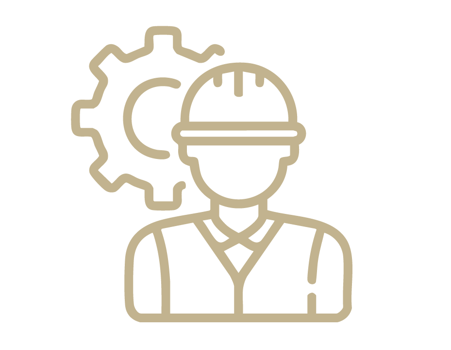 Gold icon showing an engineer or worker with a gear, symbolizing construction or manufacturing.