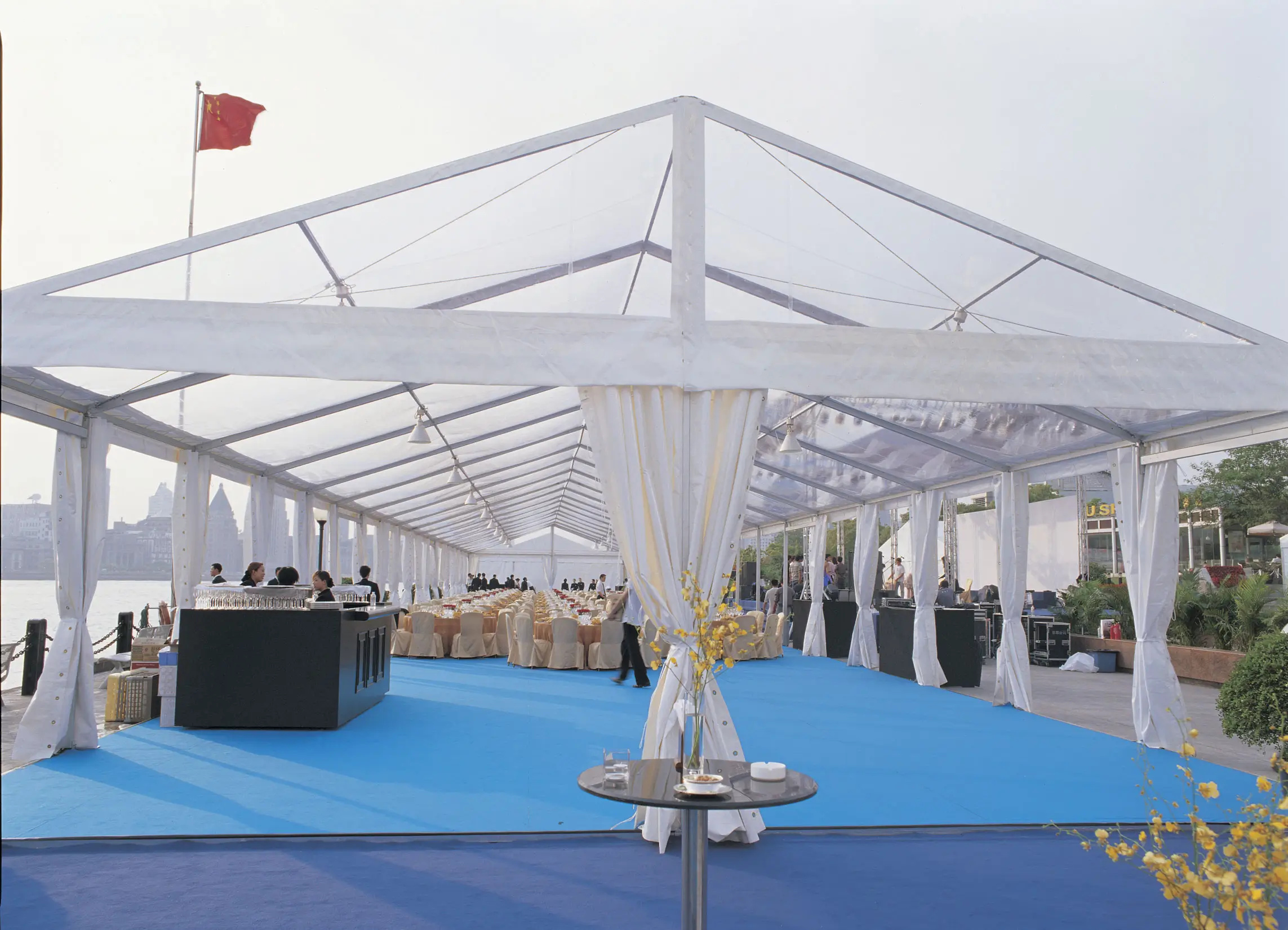White frame clear span tent with drapery Anchor Industries