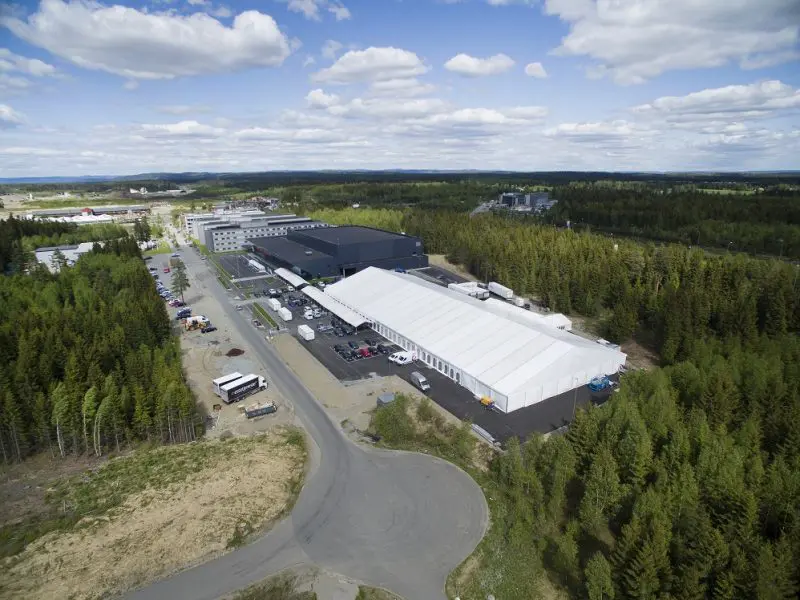 Industrial clearspan tent warehouse with white fabric roof