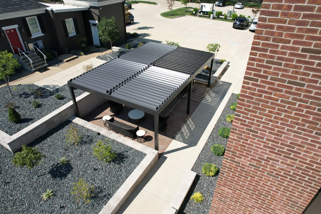 Premium Anchor louvered pergola shipped quickly and installed for an outdoor restaurant patio.