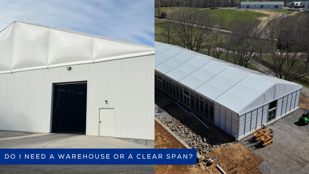 A side-by-side comparison diagram showing a relocatable warehouse design versus a temporary clear span structure.