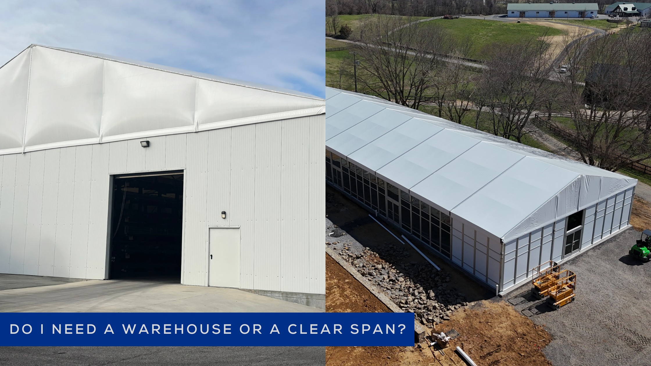 A side-by-side comparison diagram showing a relocatable warehouse design versus a temporary clear span structure.