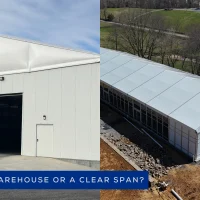 A side-by-side comparison diagram showing a relocatable warehouse design versus a temporary clear span structure.